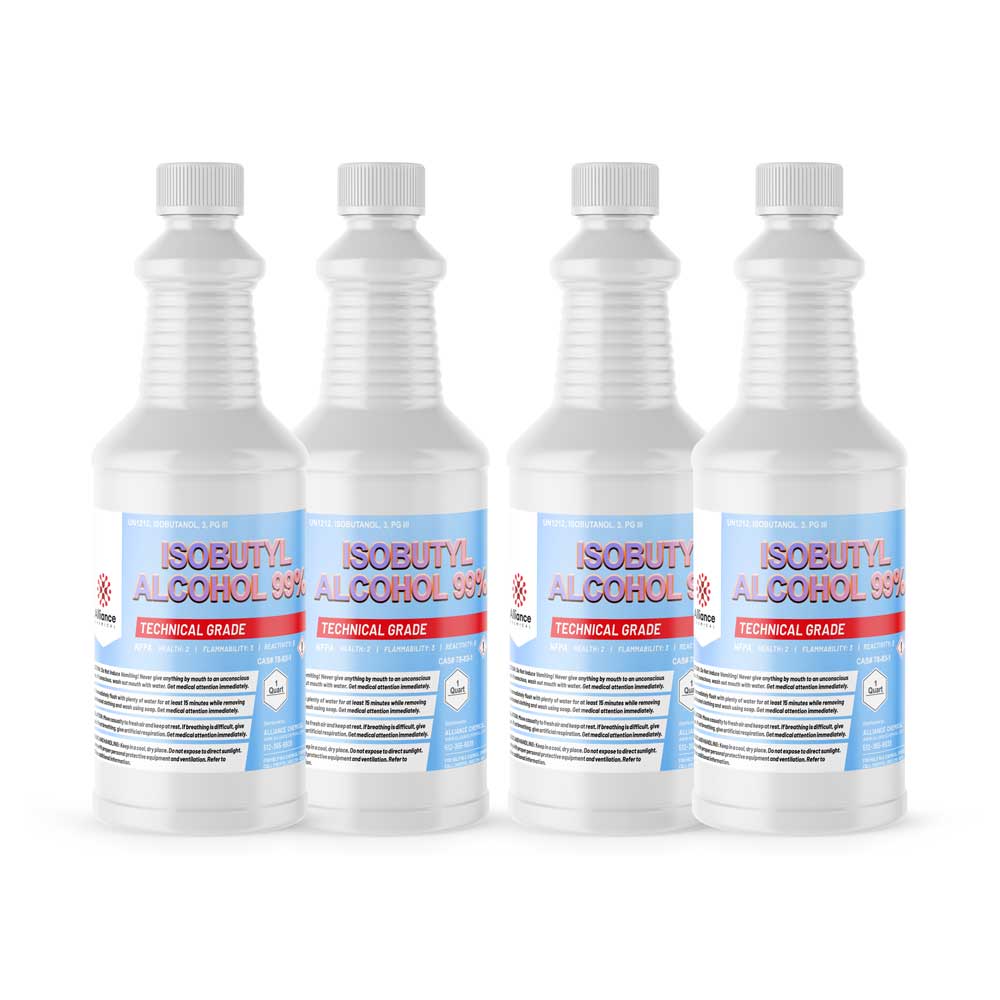 4-quart set of technical-grade Isobutyl Alcohol 99% in white HDPE bottles with safety caps, flammability warning labels, and blue labeling.